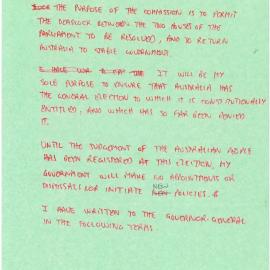 Handwritten notes of speech by Malcolm Fraser to House 11 November 1975