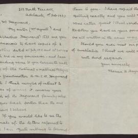 Letter Theresa H Hayward, Adelaide to Mr Hayward