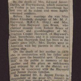 Newspaper cutting death of Mrs Edward Jenner Davies.