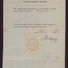 Dutch Consul General issued document to Isaac Hayward (jnr) being a statement of (his state of?) health.