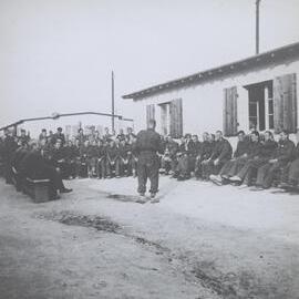 Stalag VIII B, prisoners of war camp. Dance course in front of the hut. Lamsdorf, Poland