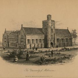 Engraving of proposed south wing of main building, University of Melbourne, 1857