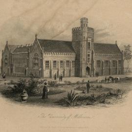 Engraving of proposed south wing of main building, University of Melbourne, 1857