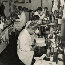 Overcrowded conditions in science laboratory, University of Melbourne, 1958.
