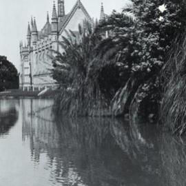 View across lake to Old Wilson Hall, University of Melbourne, circa 1930.