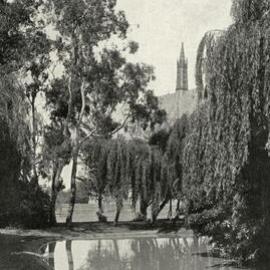 View of lake with Old Wilson Hall in background, University of Melbourne, circa 1910.