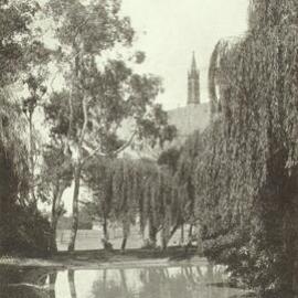 View of lake with Old Wilson Hall in background, University of Melbourne, circa 1910.