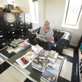 [Greer on sofa, Office]