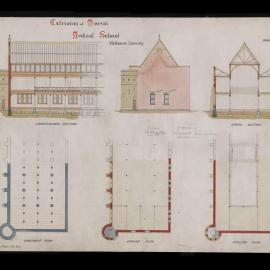 [Medical School] Extension of museum [Plans, basement, ground floor, gallery; longitudinal section, elevation, cross section] [37]