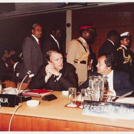 [Malcolm Fraser and Sir Sonny Ramphal, Secretary-General of the Commonwealth, during a CHOGM meeting in Lagos]