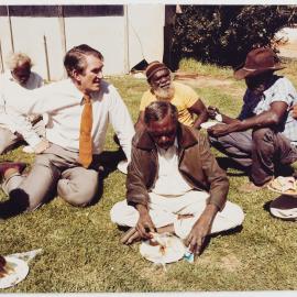 [Malcolm Fraser and Aboriginal Australian men eating lunch during a visit to the Northern Territory. Annotated with "Do not use"]