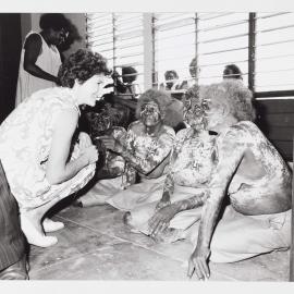 [Tamie Fraser meeting a group of unidentified Aboriginal Australian women in traditional painting during a visit to the Northern Territory]