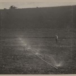 [Man observing irrigation system, Emerald Farm]