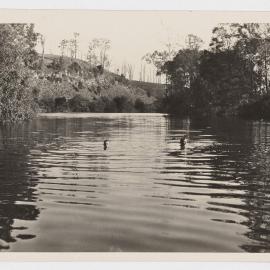 [Two men swimming river]