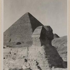 [Great Sphinx of Giza in front of pyramid, Egypt]