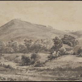 [Ink sketch of house in landscape]