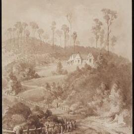 [Watercolour sketch of house in landscape]