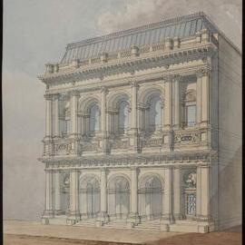 [Watercolour front render of unidentified building]