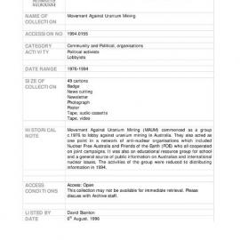 [1994.0155] Records of the Movement Against Uranium Mining