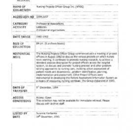 [1994.0157] Records of the Nursing Projects Officer Group  Inc.