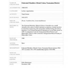 [1980.0158] Records of the Federated Moulders (Metals) Union, Tasmanian District