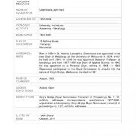 [1982.0034] Papers of John Neill Greenwood in relation to the Royal Commission into the Failure of Kings Bridge