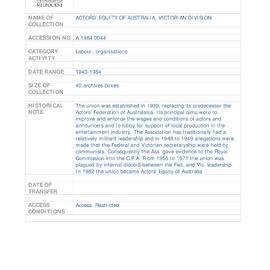[1984.0044] Records of the Actors' Equity Of Australia, Victorian Division