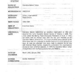 [1985.0114] Records of the Operative Bakers' Union Of Victoria