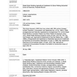 [1986.0139] Records of the Sheet Metal Working Agricultural Implement & Stove Making Industrial Union of Australia, Victorian Branch
