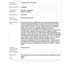 [1998.0030] Papers of Ray Francis Stanley Ericksen